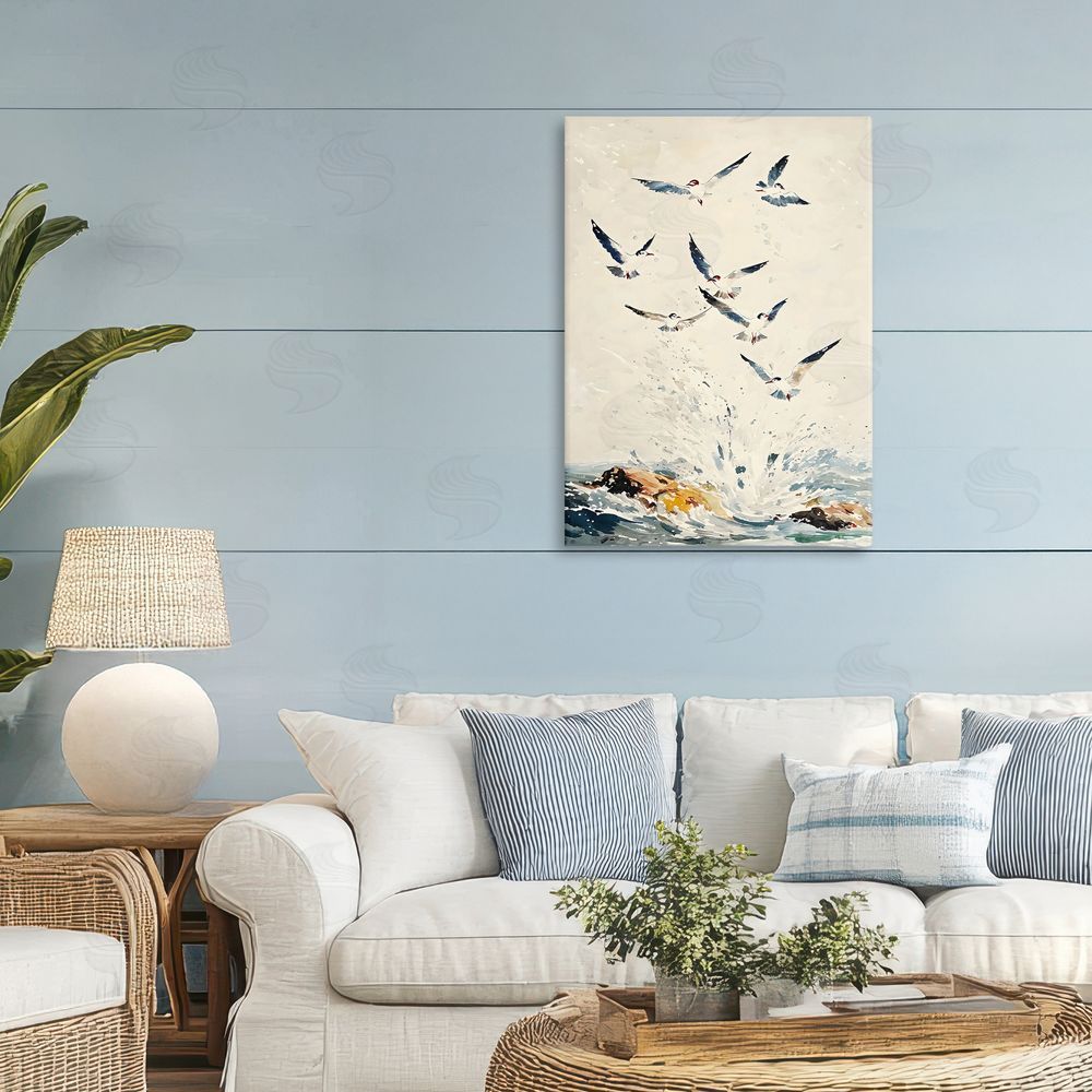 Creative Studio Waves of Seagulls over Rocks Stretched Canvas on Wall