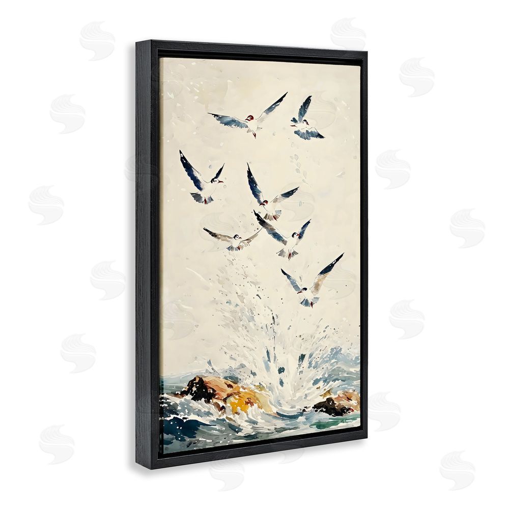 Creative Studio Waves of Seagulls over Rocks Black Floating Framed Canvas Wall Art Print