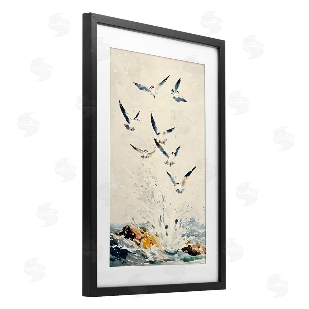 Creative Studio Waves of Seagulls over Rocks Black Framed Print Under Glass with White Mat Wall Art