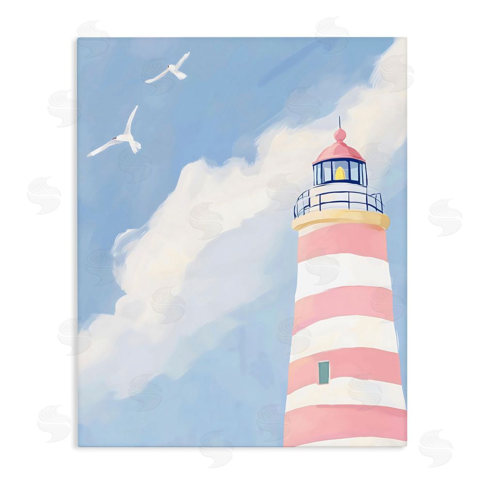The Prints Vibe Striped Lighthouse with Seagulls Stretched Canvas Wall Art Print