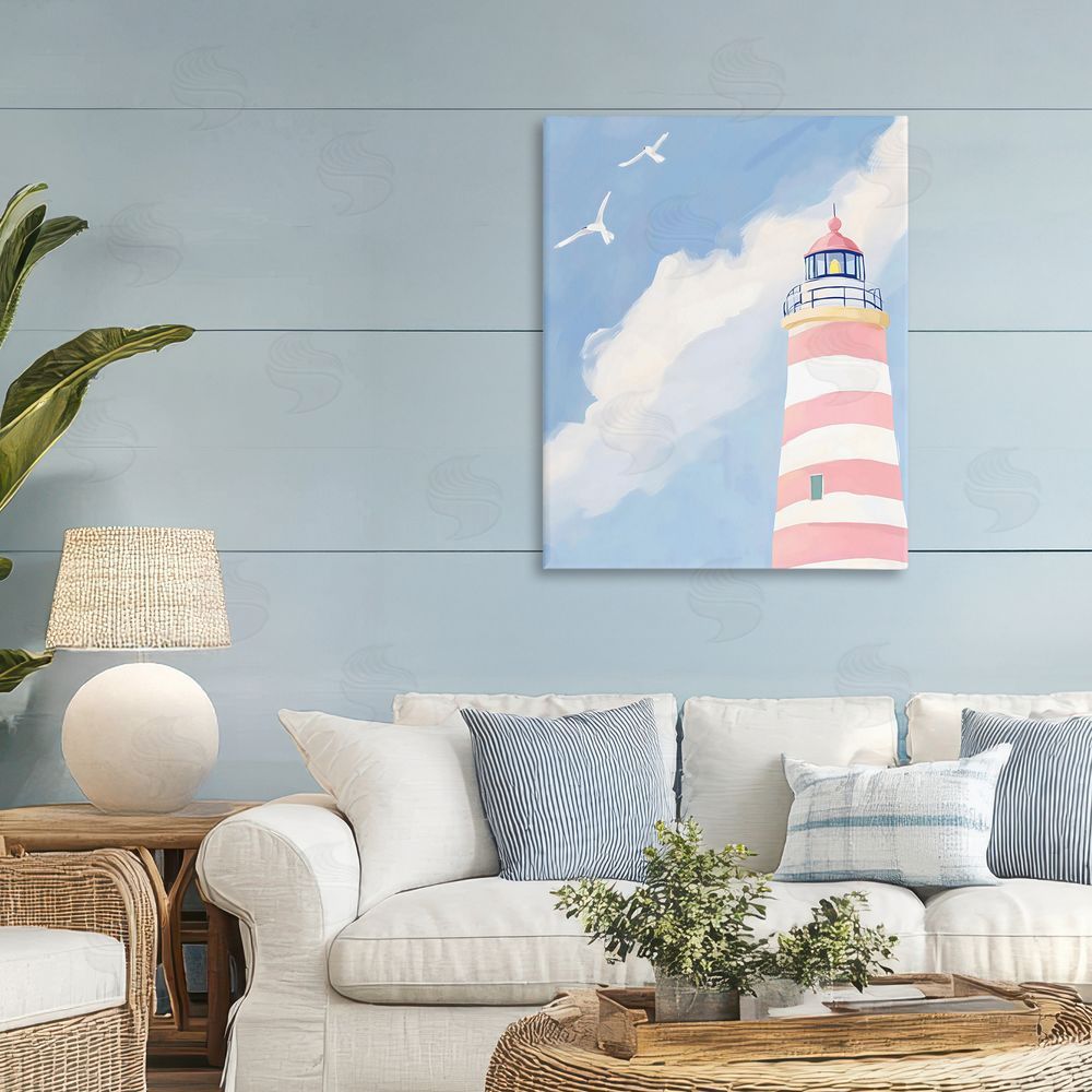 The Prints Vibe Striped Lighthouse with Seagulls Stretched Canvas on Wall