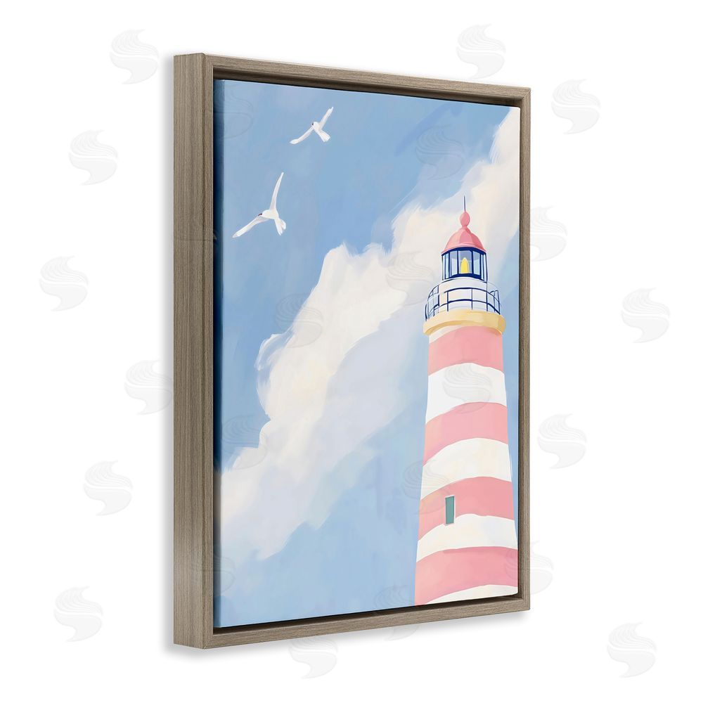 The Prints Vibe Striped Lighthouse with Seagulls Brown Floating Framed Canvas Wall Art Print