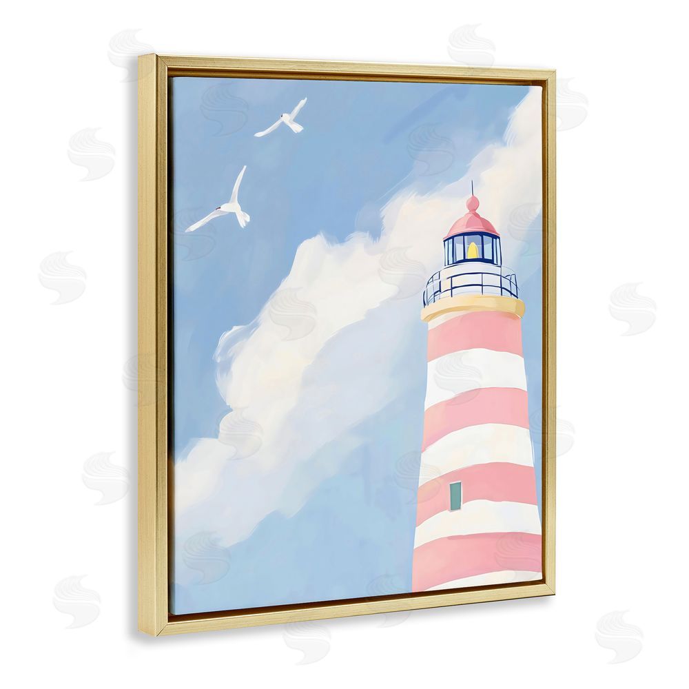 The Prints Vibe Striped Lighthouse with Seagulls Gold Floating Framed Canvas Wall Art Print