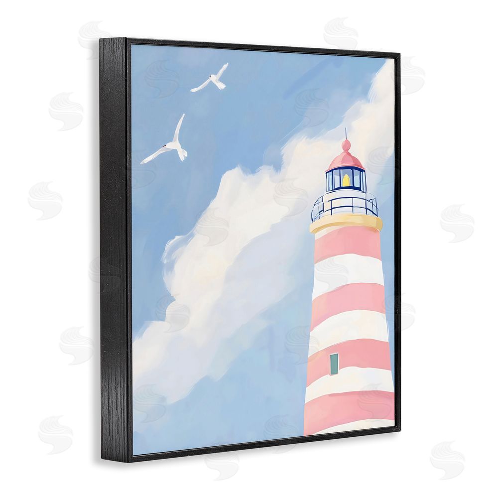 The Prints Vibe Striped Lighthouse with Seagulls Black Framed Giclee Wall Art Print