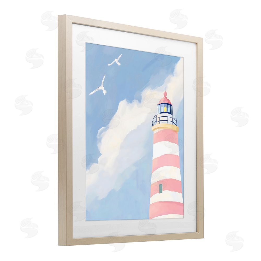 The Prints Vibe Striped Lighthouse with Seagulls Brown Framed Print Under Glass with White Mat Wall Art