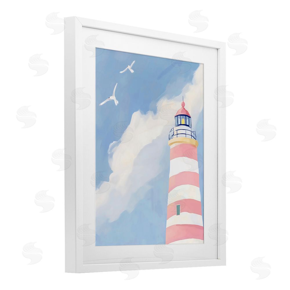 The Prints Vibe Striped Lighthouse with Seagulls White Framed Print Under Glass with White Mat Wall Art