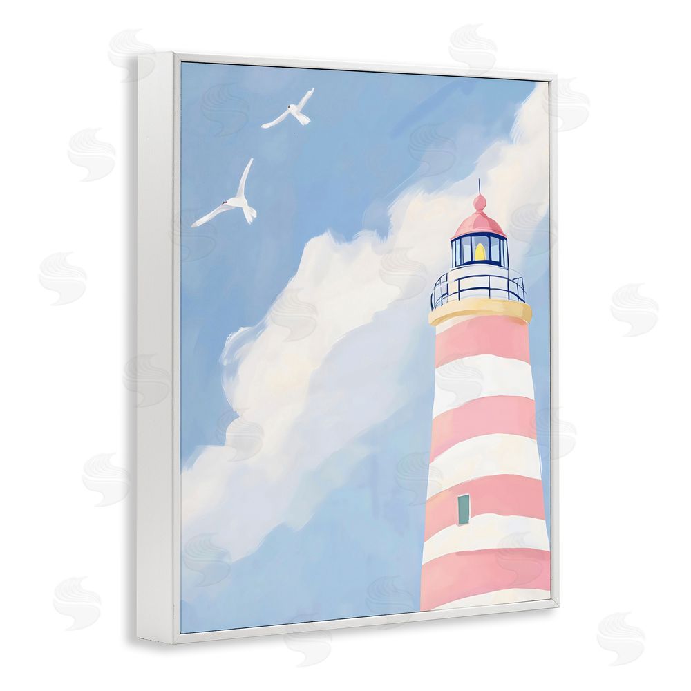 The Prints Vibe Striped Lighthouse with Seagulls White Framed Giclee Wall Art Print