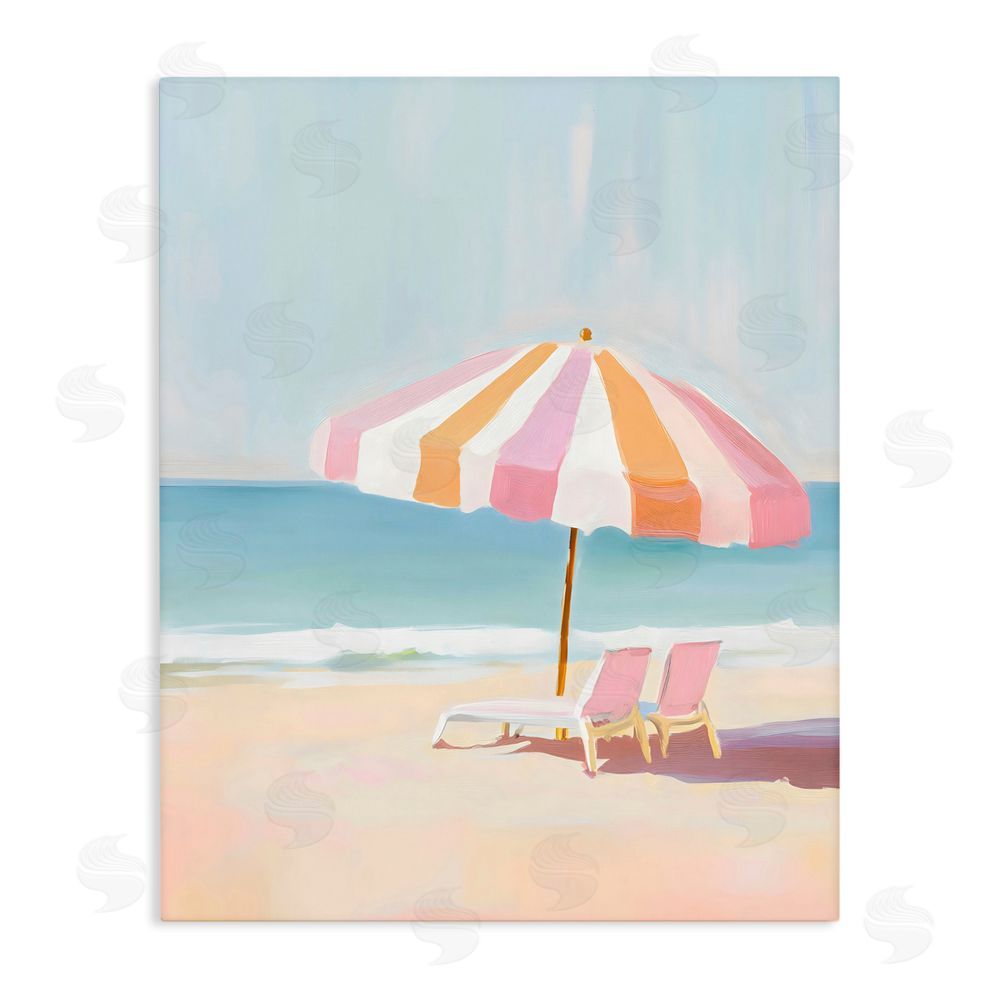 The Prints Vibe Striped Umbrella & Chairs Stretched Canvas Wall Art Print
