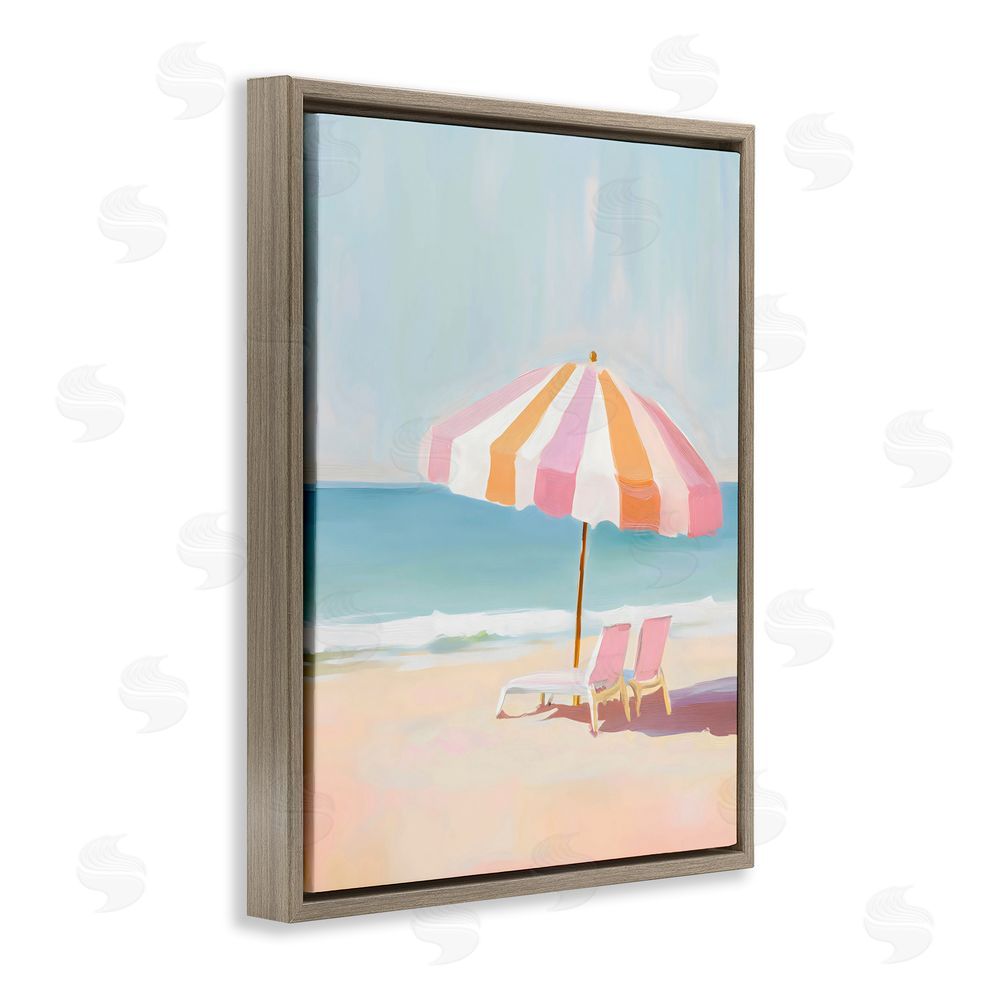 The Prints Vibe Striped Umbrella & Chairs Brown Floating Framed Canvas Wall Art Print