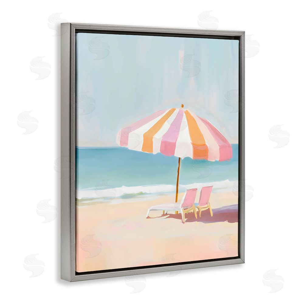 The Prints Vibe Striped Umbrella & Chairs Gray Floating Framed Canvas Wall Art Print