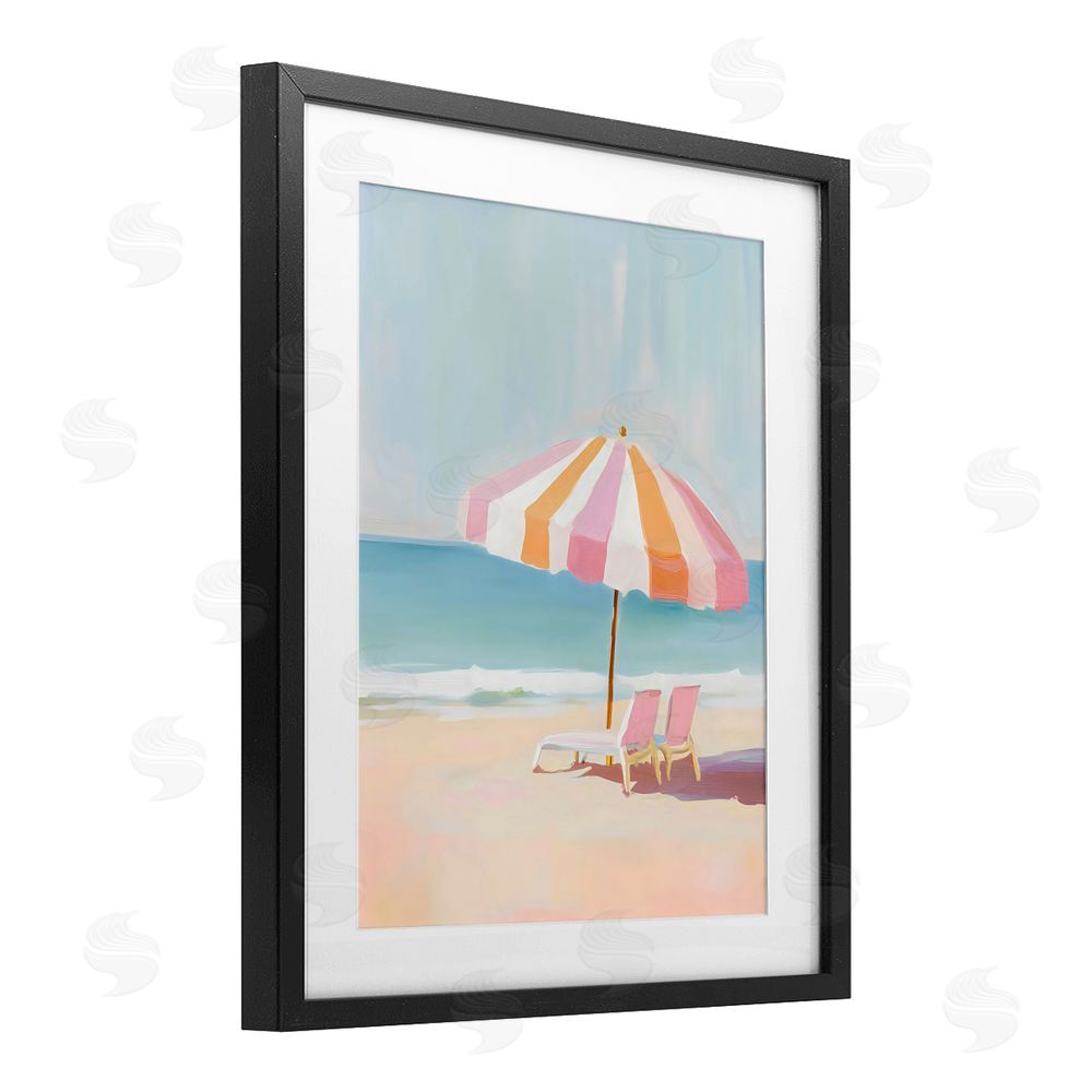 The Prints Vibe Striped Umbrella & Chairs Black Framed Print Under Glass with White Mat Wall Art