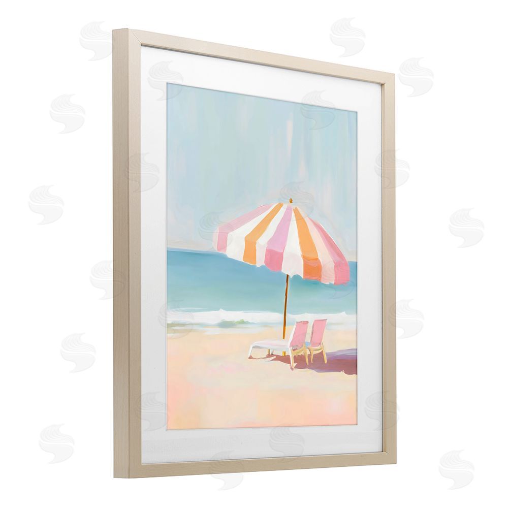 The Prints Vibe Striped Umbrella & Chairs Brown Framed Print Under Glass with White Mat Wall Art