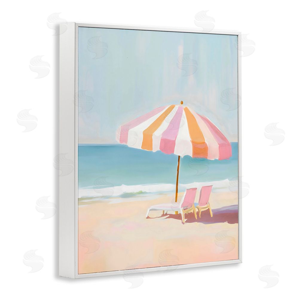 The Prints Vibe Striped Umbrella & Chairs White Framed Giclee Wall Art Print