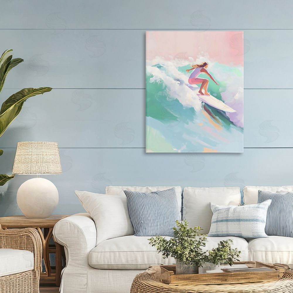 The Prints Vibe Surfer Girl Riding Waves Stretched Canvas on Wall