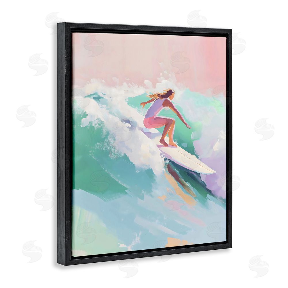The Prints Vibe Surfer Girl Riding Waves Black Floating Framed Canvas Wall Art Print