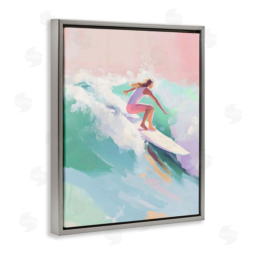 The Prints Vibe Surfer Girl Riding Waves Gray Floating Framed Canvas Wall Art Print