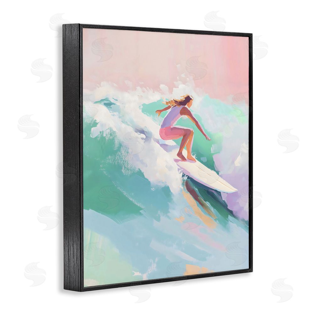 The Prints Vibe Surfer Girl Riding Waves Black Framed Giclee Wall Art Print