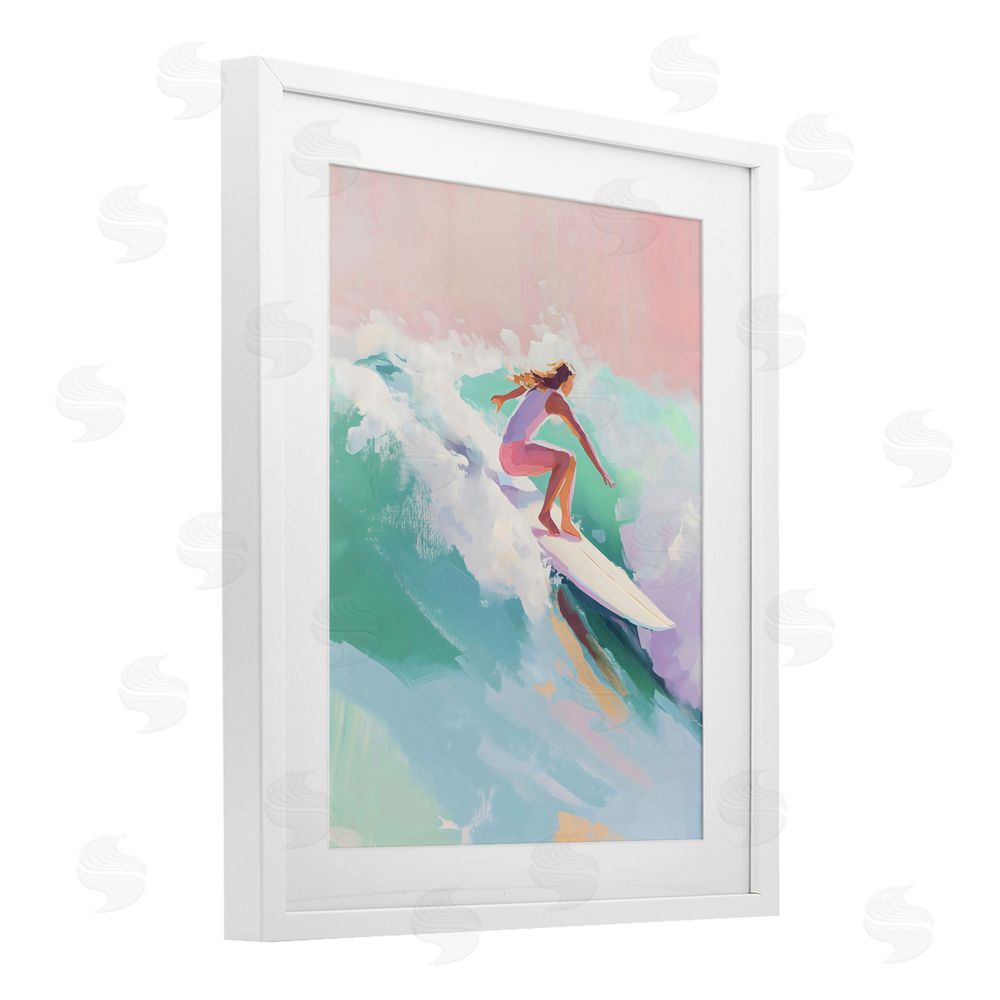 The Prints Vibe Surfer Girl Riding Waves White Framed Print Under Glass with White Mat Wall Art