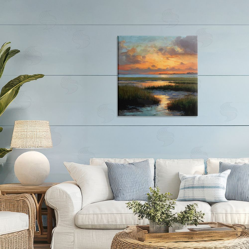 Petal Prints Design Evening Marshland Glow Stretched Canvas Wall Art in Room