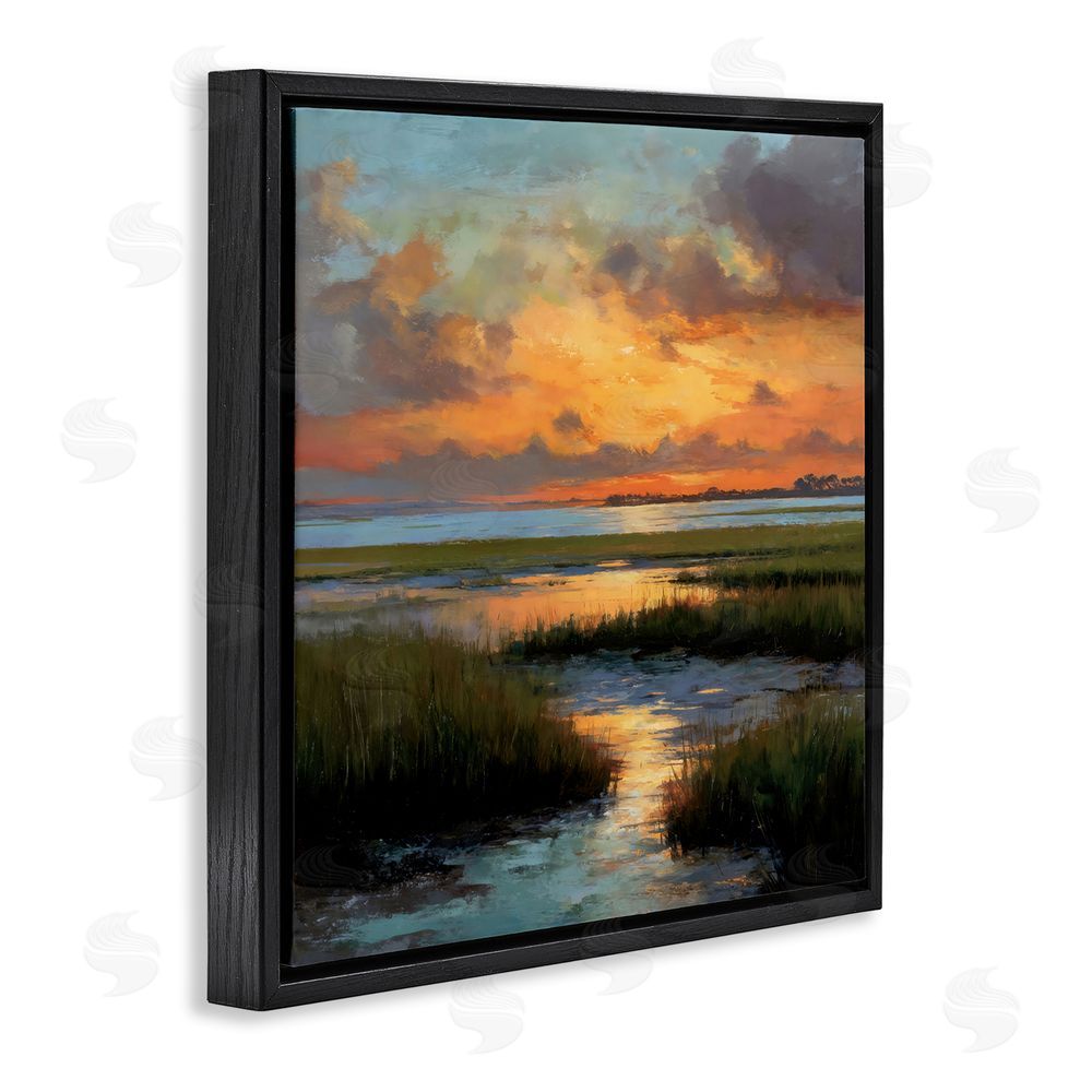 Petal Prints Design Evening Marshland Glow Black Floating Framed Canvas Wall Art