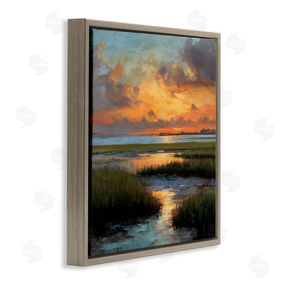 Petal Prints Design Evening Marshland Glow Brown Floating Framed Canvas Wall Art