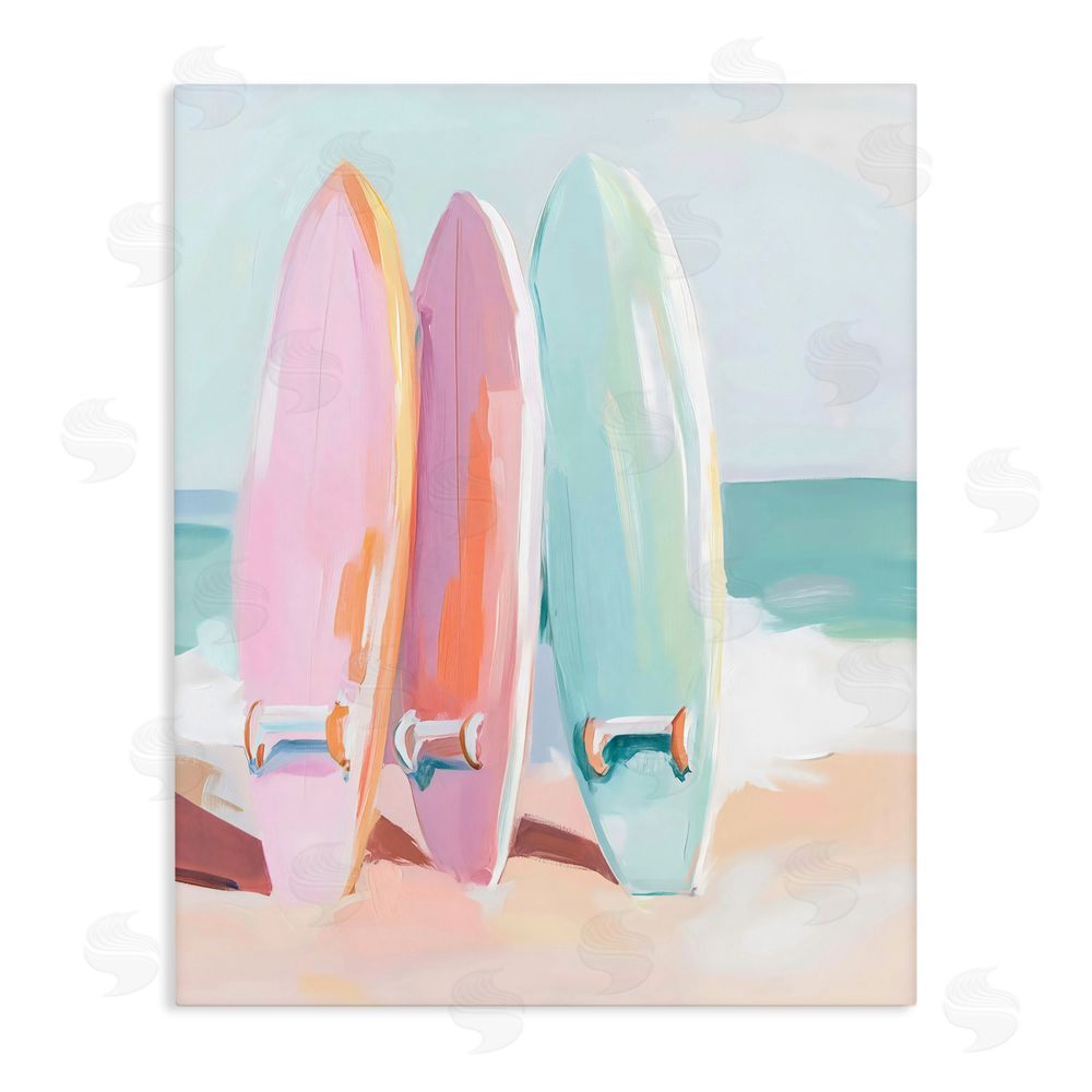 The Prints Vibe Pastel Surfboards on Sandy Beach Stretched Canvas Wall Art