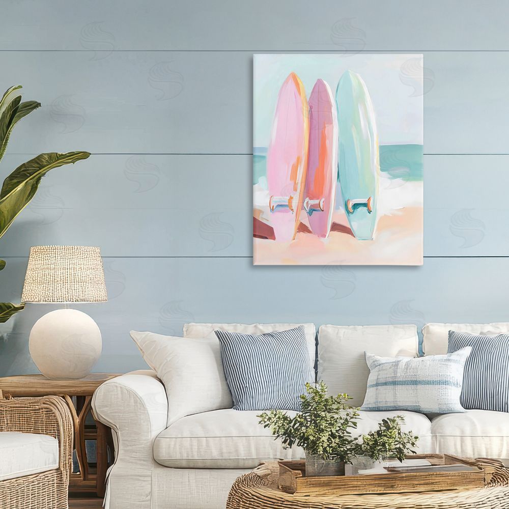 The Prints Vibe Pastel Surfboards on Sandy Beach Stretched Canvas Wall Art in Room