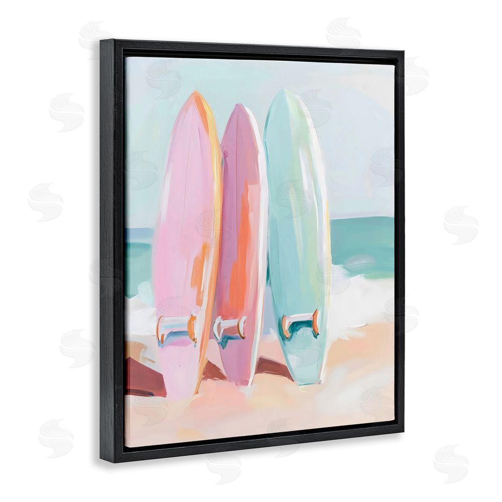 The Prints Vibe Pastel Surfboards on Sandy Beach Black Floating Framed Canvas Wall Art