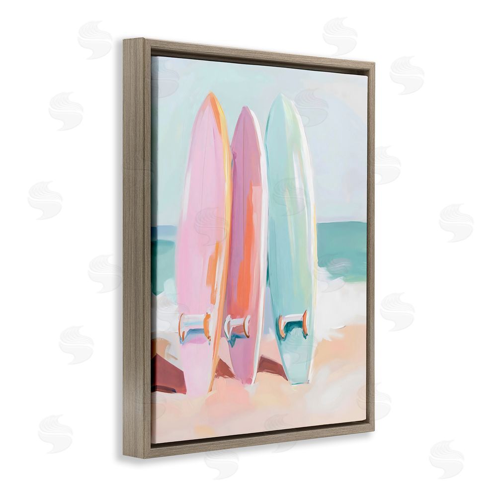 The Prints Vibe Pastel Surfboards on Sandy Beach Brown Floating Framed Canvas Wall Art