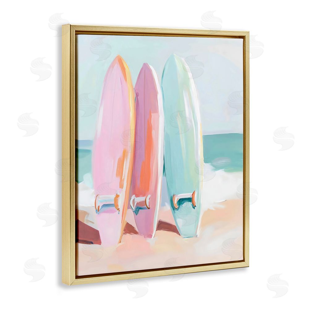 The Prints Vibe Pastel Surfboards on Sandy Beach Gold Floating Framed Canvas Wall Art
