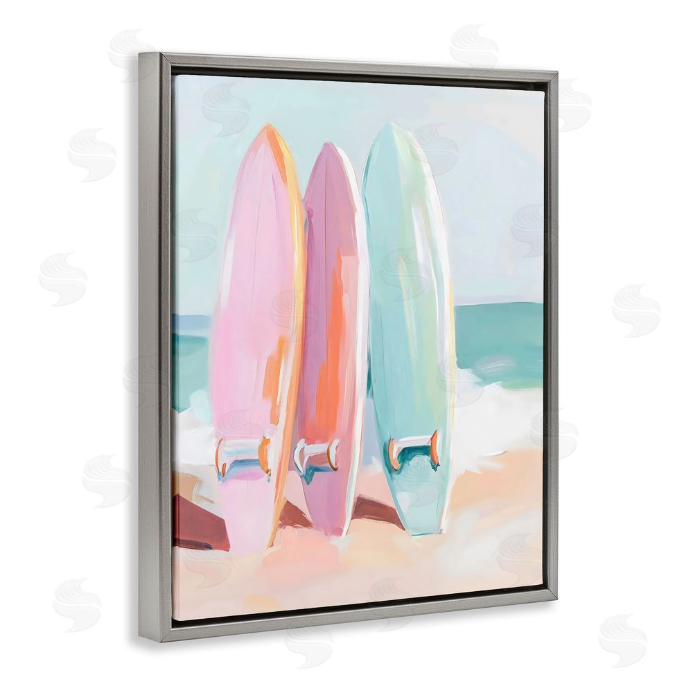 The Prints Vibe Pastel Surfboards on Sandy Beach Gray Floating Framed Canvas Wall Art