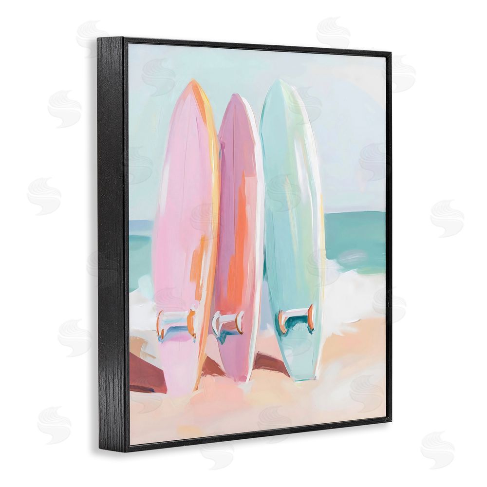 The Prints Vibe Pastel Surfboards on Sandy Beach Black Framed Giclee Wall Art