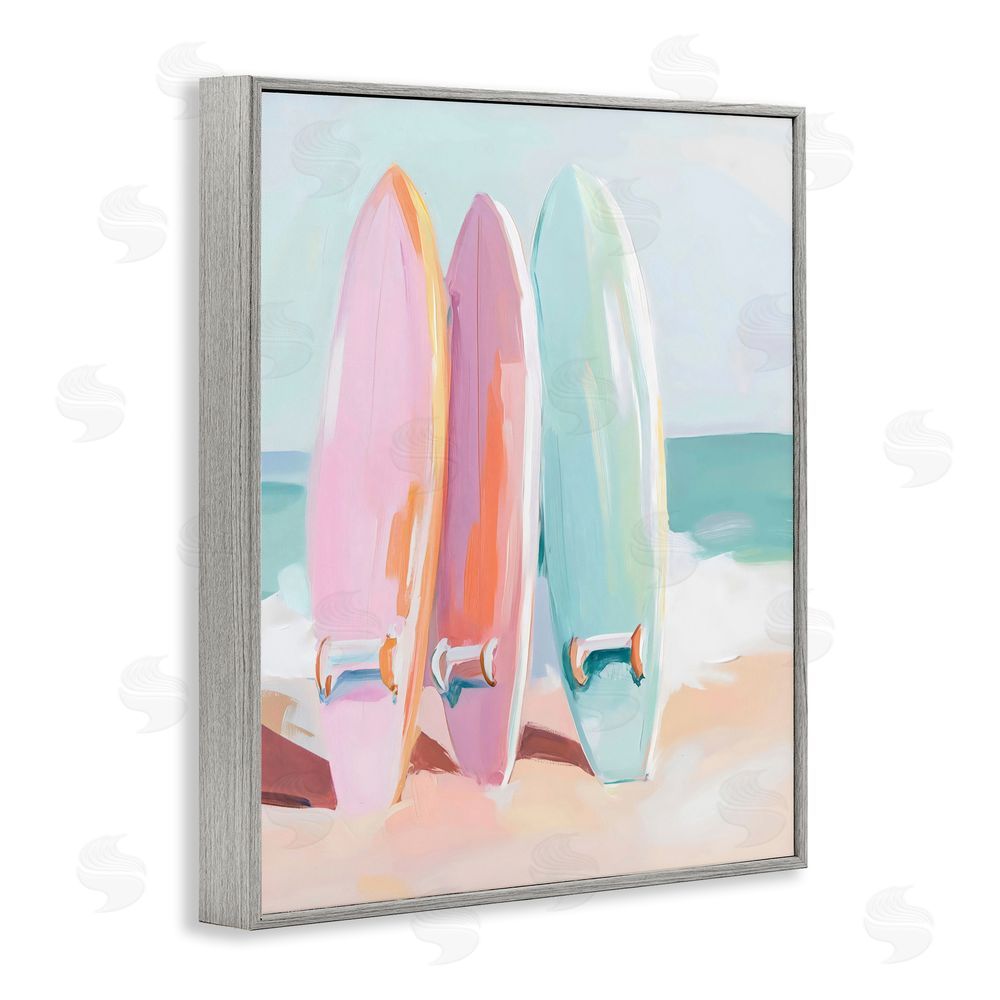The Prints Vibe Pastel Surfboards on Sandy Beach Gray Framed Giclee Wall Art