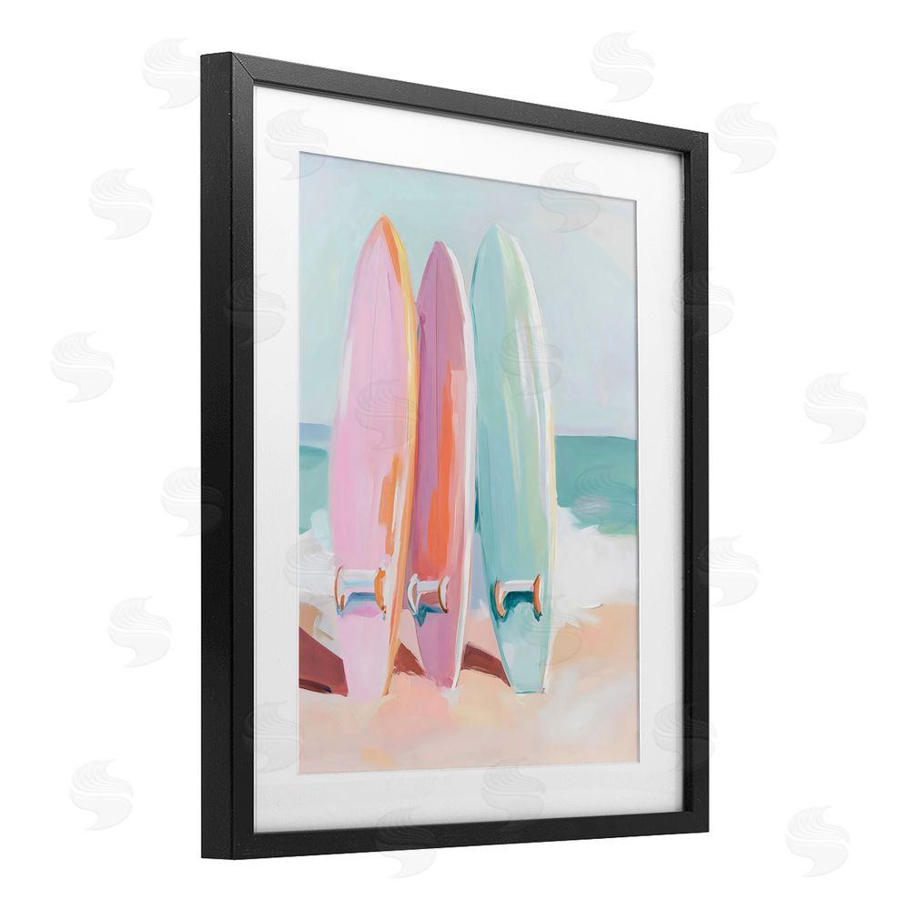 The Prints Vibe Pastel Surfboards on Sandy Beach Black Framed Print Under Glass Wall Art