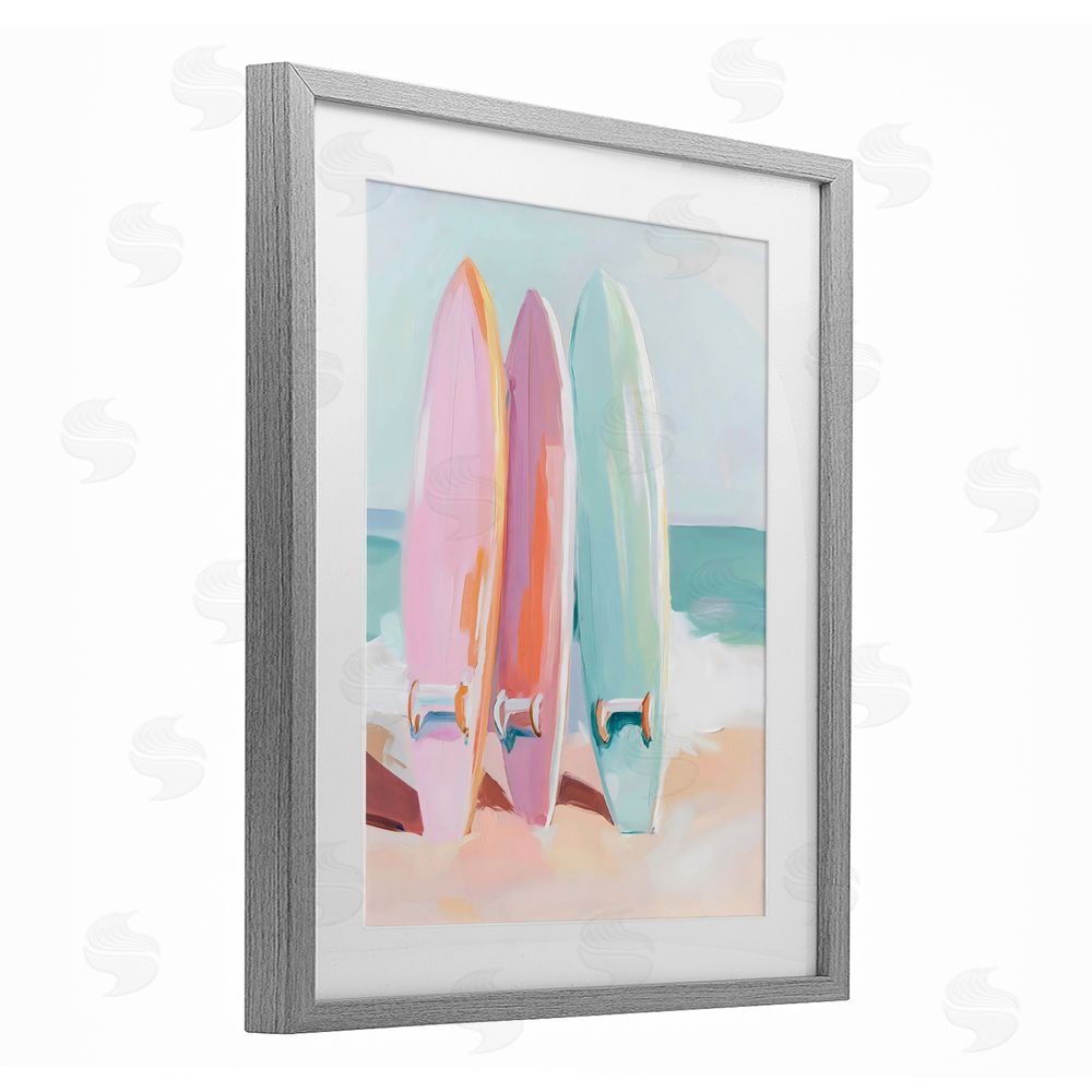 The Prints Vibe Pastel Surfboards on Sandy Beach Gray Framed Print Under Glass Wall Art