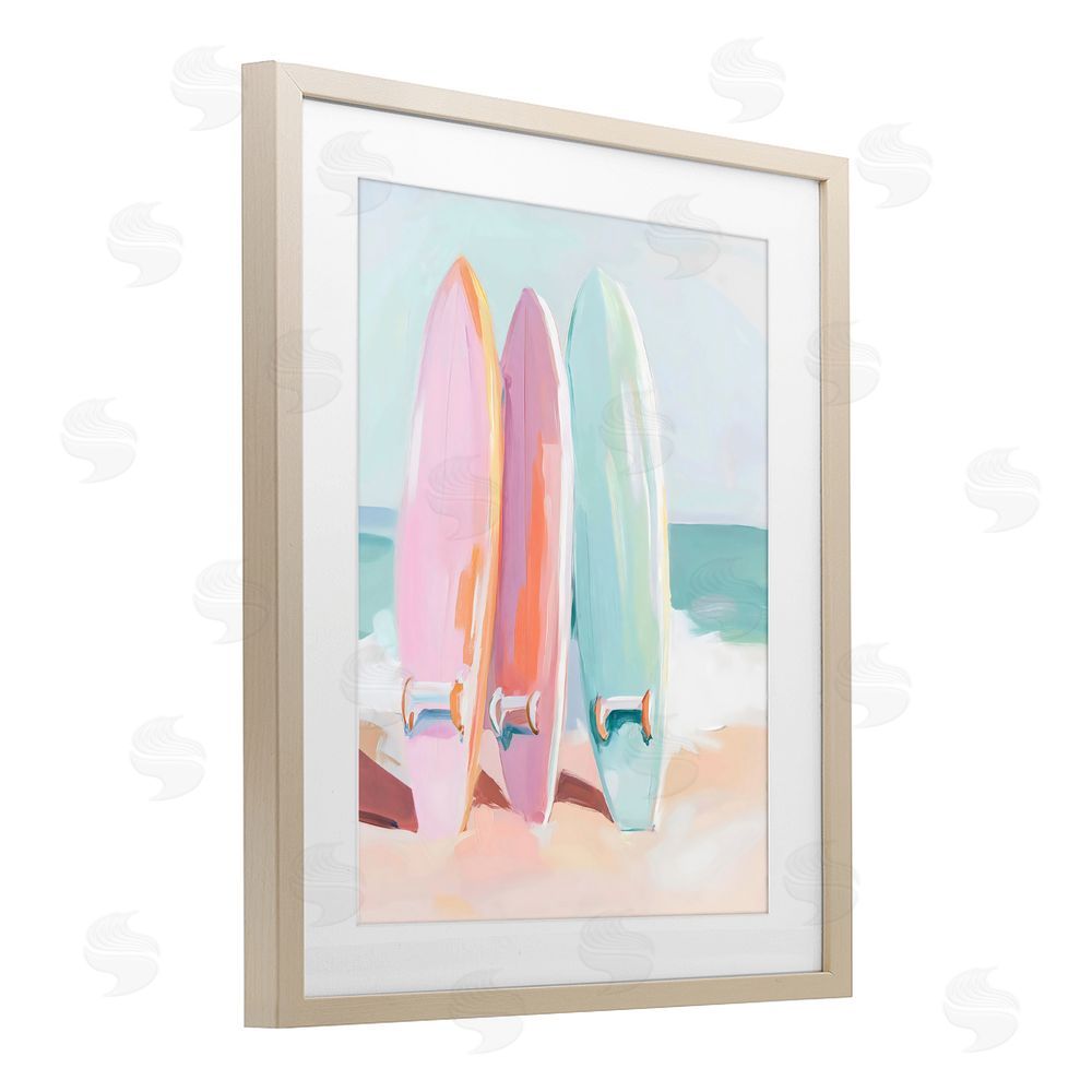 The Prints Vibe Pastel Surfboards on Sandy Beach Brown Framed Print Under Glass Wall Art