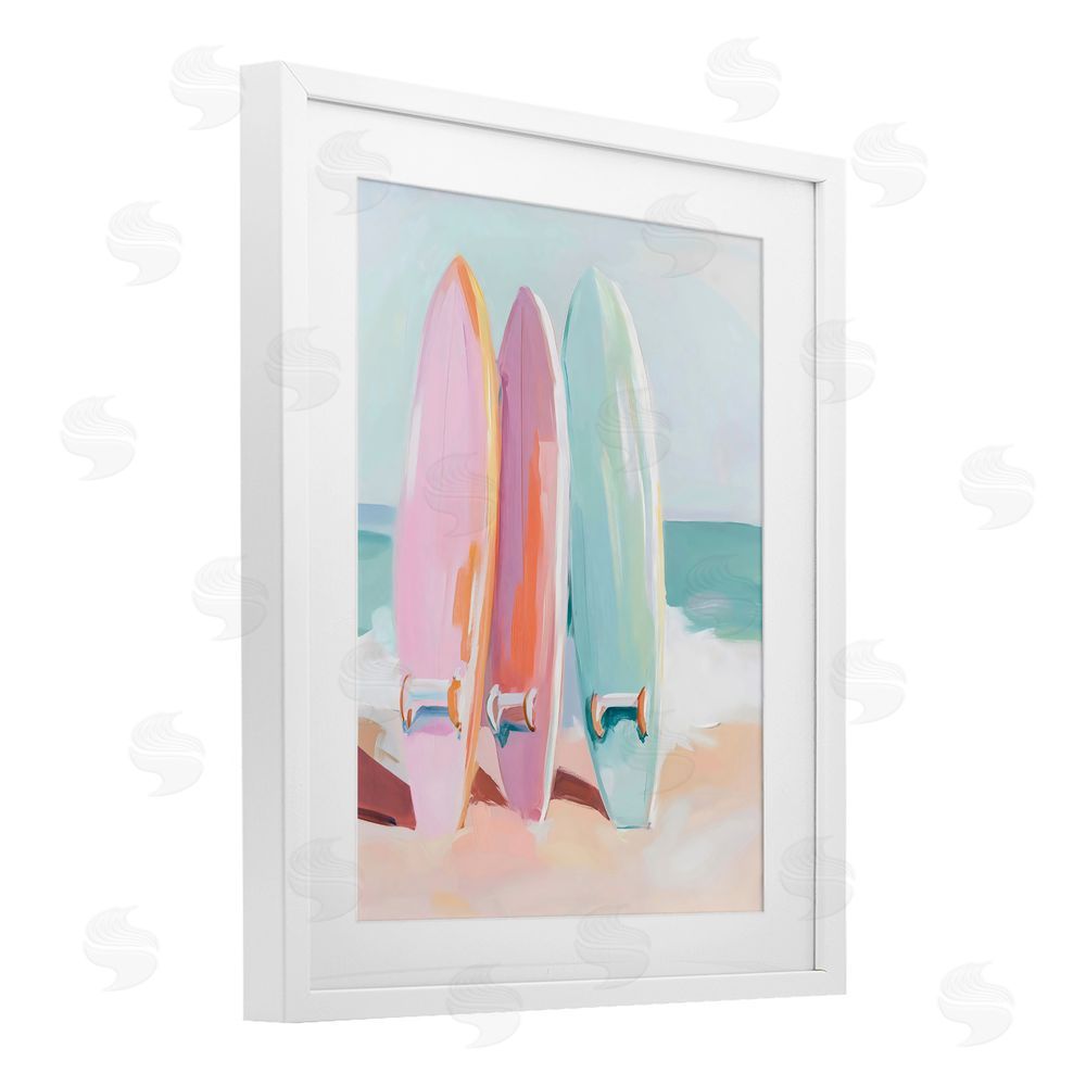 The Prints Vibe Pastel Surfboards on Sandy Beach White Framed Print Under Glass Wall Art