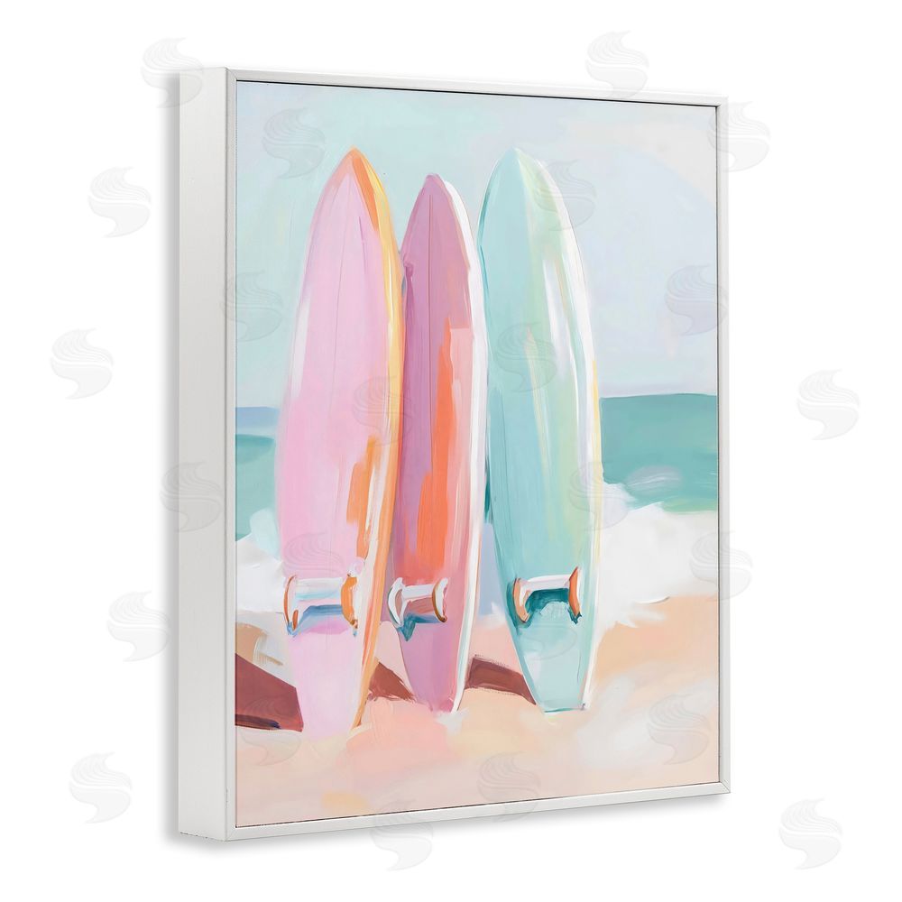 The Prints Vibe Pastel Surfboards on Sandy Beach White Framed Giclee Wall Art