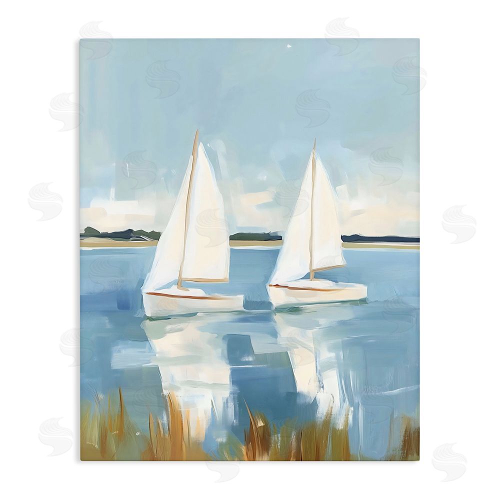 The Prints Vibe Twin Sailboats By Shore Stretched Canvas Wall Art Print