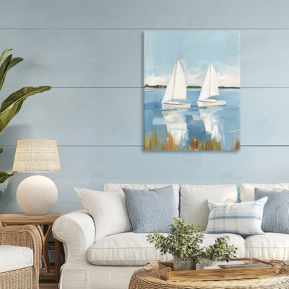 The Prints Vibe Twin Sailboats By Shore Stretched Canvas on Wall