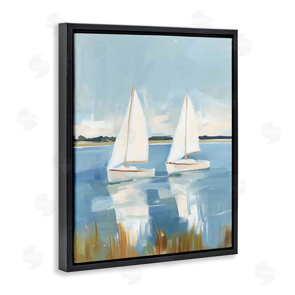 The Prints Vibe Twin Sailboats By Shore Black Floating Framed Canvas Wall Art Print