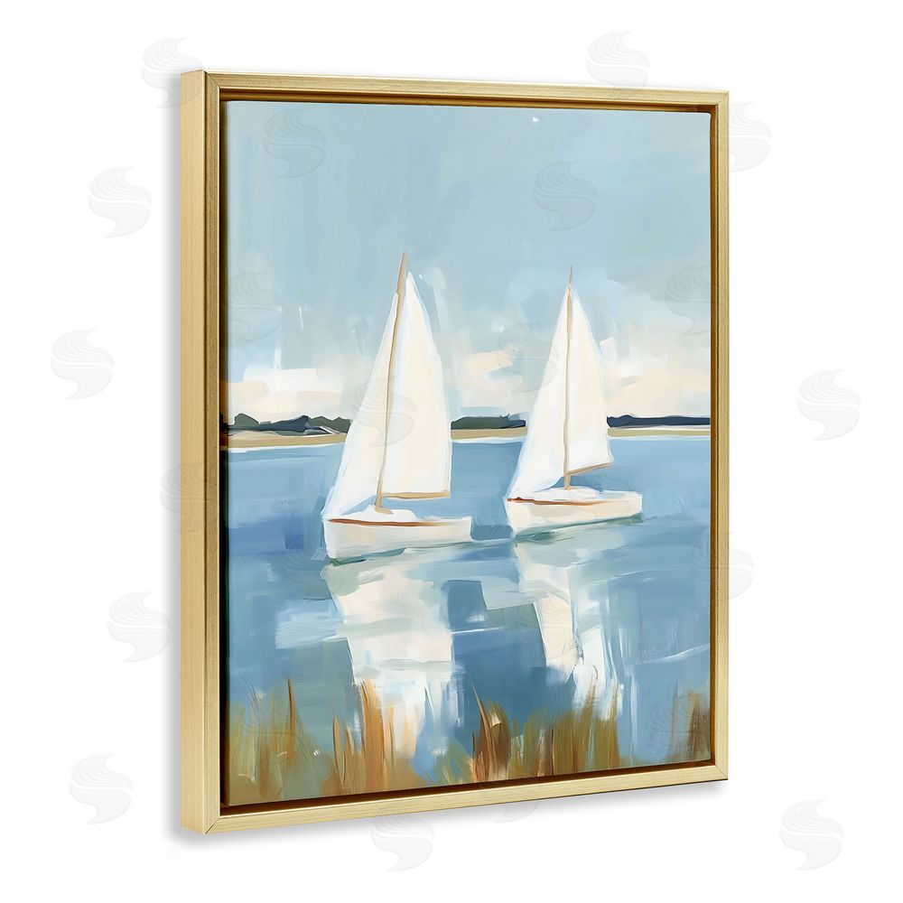 The Prints Vibe Twin Sailboats By Shore Gold Floating Framed Canvas Wall Art Print