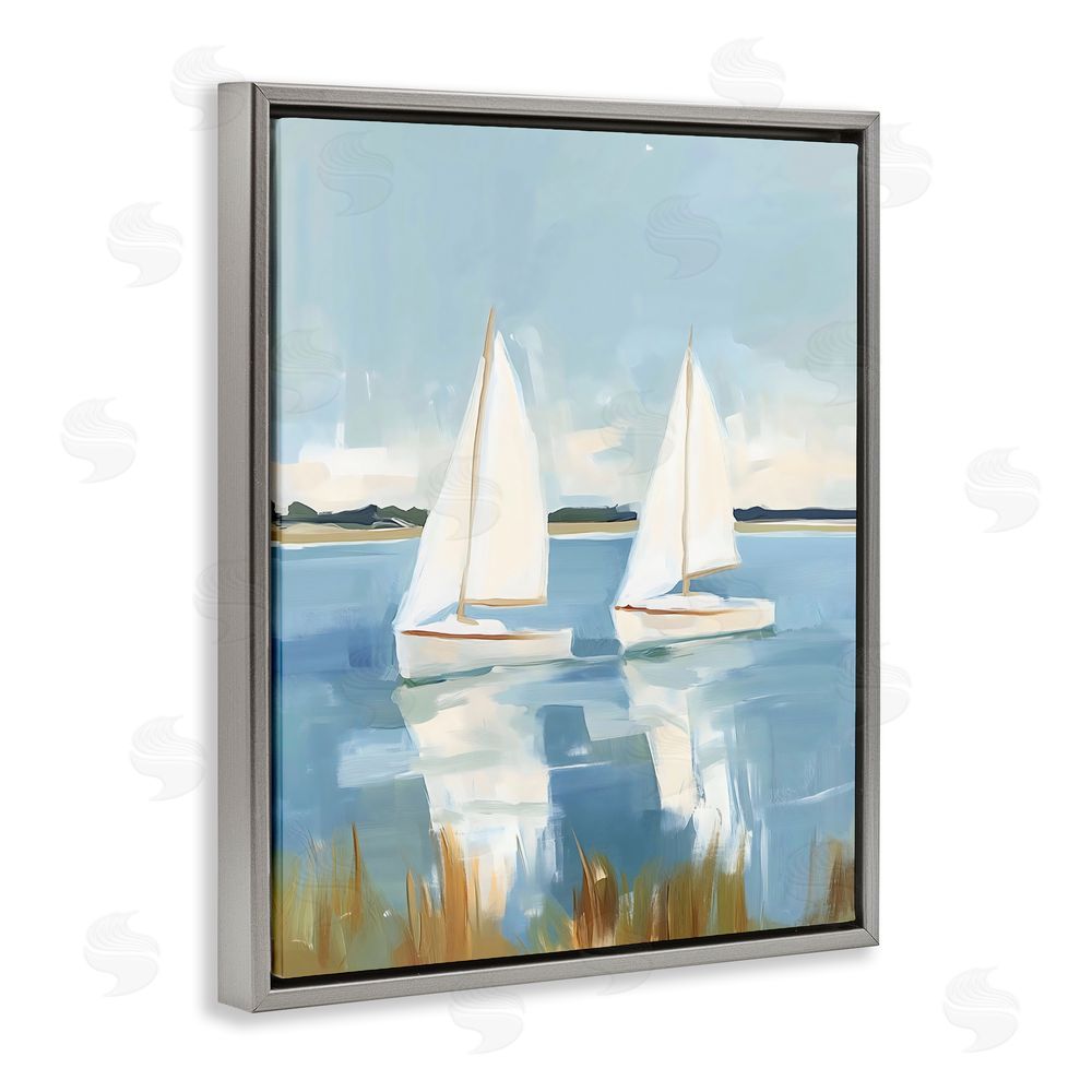 The Prints Vibe Twin Sailboats By Shore Gray Floating Framed Canvas Wall Art Print