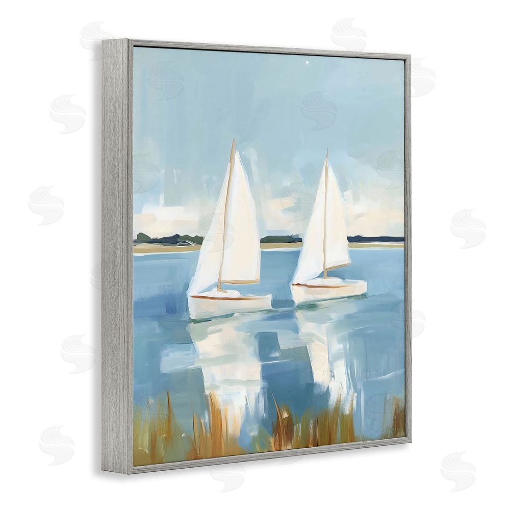 The Prints Vibe Twin Sailboats By Shore Gray Framed Giclee Wall Art Print