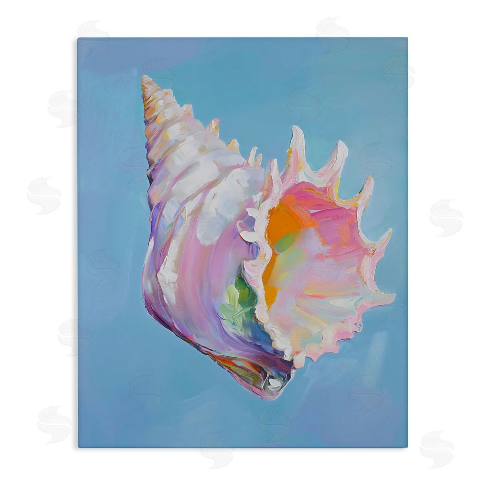 The Prints Vibe Pastel Hued Conch on Blue Stretched Canvas Wall Art