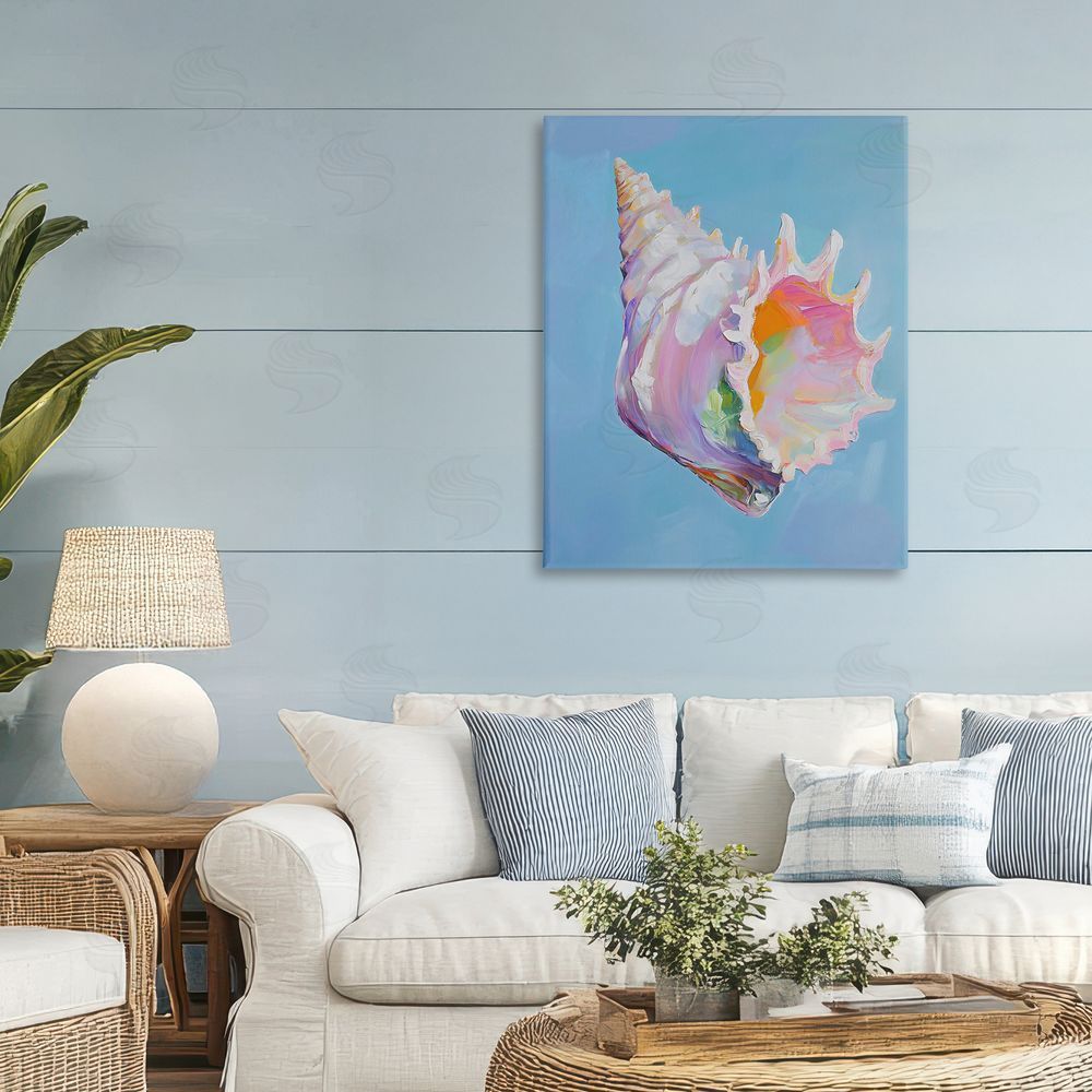The Prints Vibe Pastel Hued Conch on Blue Stretched Canvas Wall Art in Room