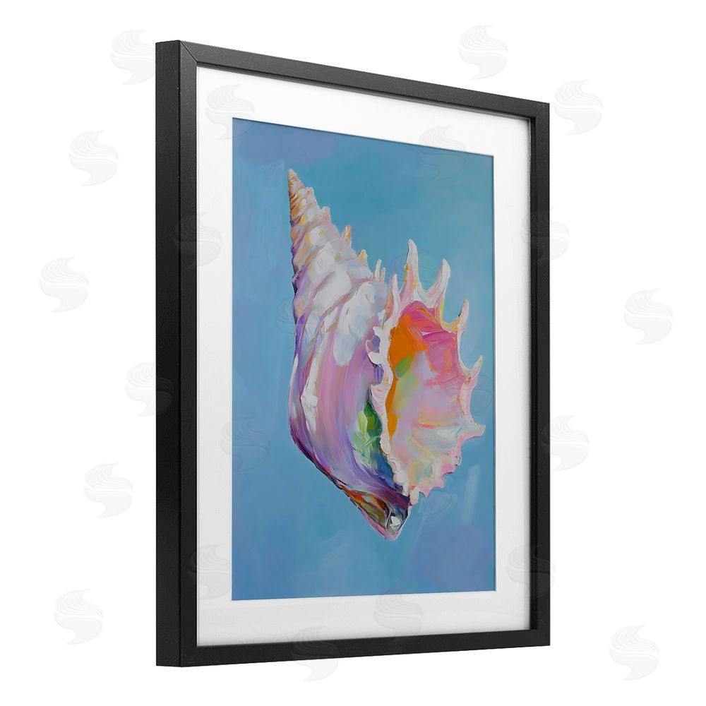 The Prints Vibe Pastel Hued Conch on Blue Black Framed Print Under Glass Wall Art