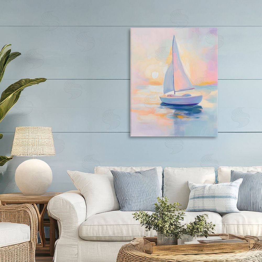 The Prints Vibe Pastel Sailboat Toward Pink Horizon Stretched Canvas Wall Art in Room