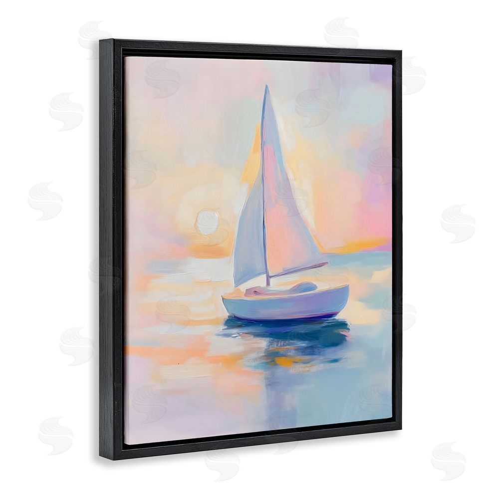 The Prints Vibe Pastel Sailboat Toward Pink Horizon Black Floating Framed Canvas Wall Art