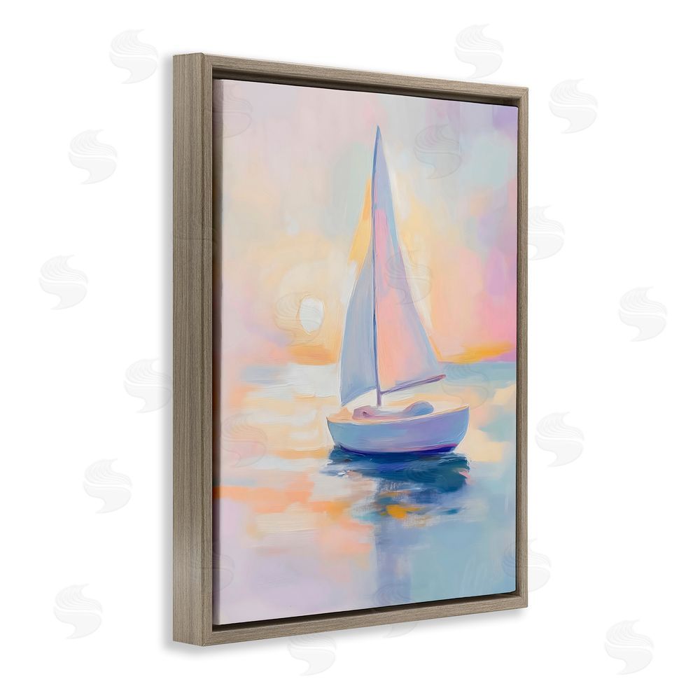 The Prints Vibe Pastel Sailboat Toward Pink Horizon Brown Floating Framed Canvas Wall Art